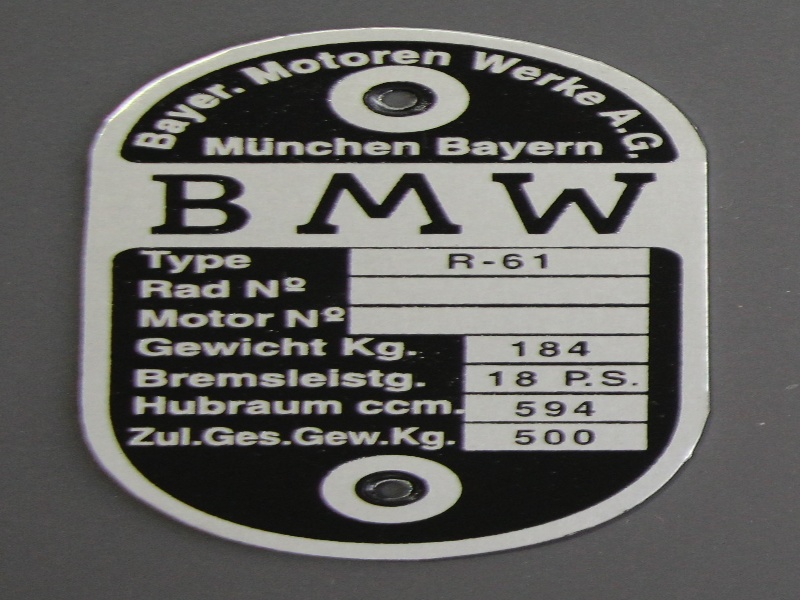 Gespann Krad Typenschild BMW R 61 R61 18 PS 184 kg Oldtimer Schild geätzt S61 