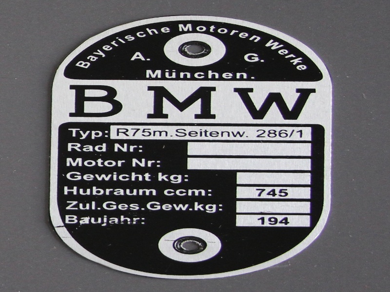 Typenschild BMW R75, Typ: R75 mit Seitenwagen 286/1
