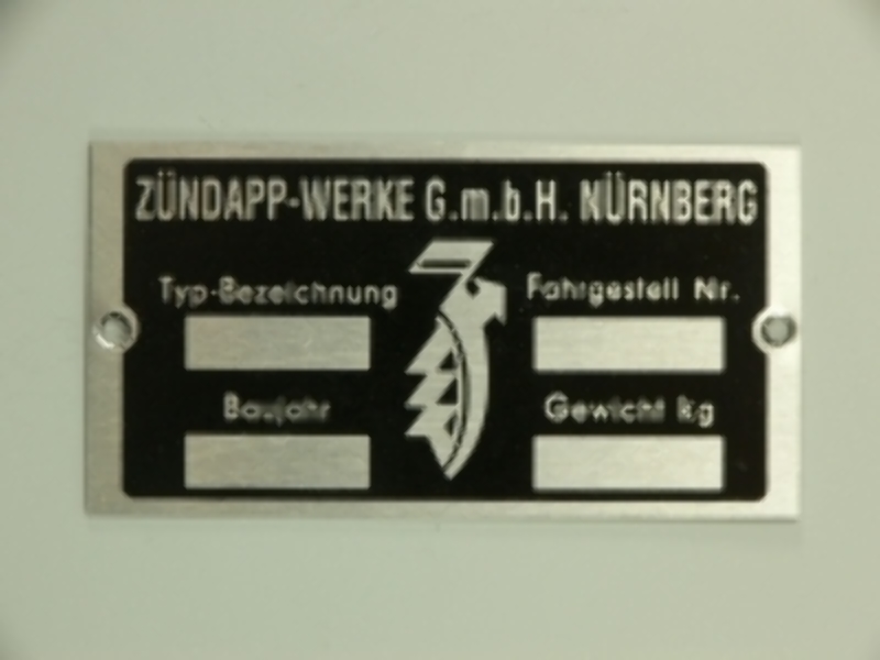 Zündapp Werke Nürnberg Typenschild, leer