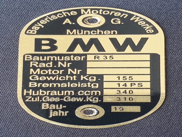 Typenschild BMW R35 aus Messing