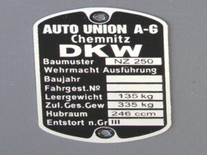 Typenschild für DKW NZ 250