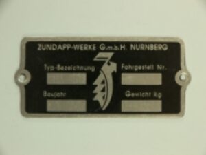 Zündapp Werke Nürnberg Typenschild, leer