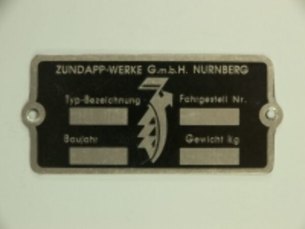 Zündapp Werke Nürnberg Typenschild, leer