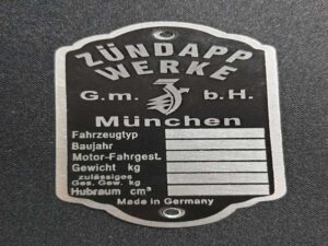 Zündapp Werke München Typenschild, 6x Felder leer