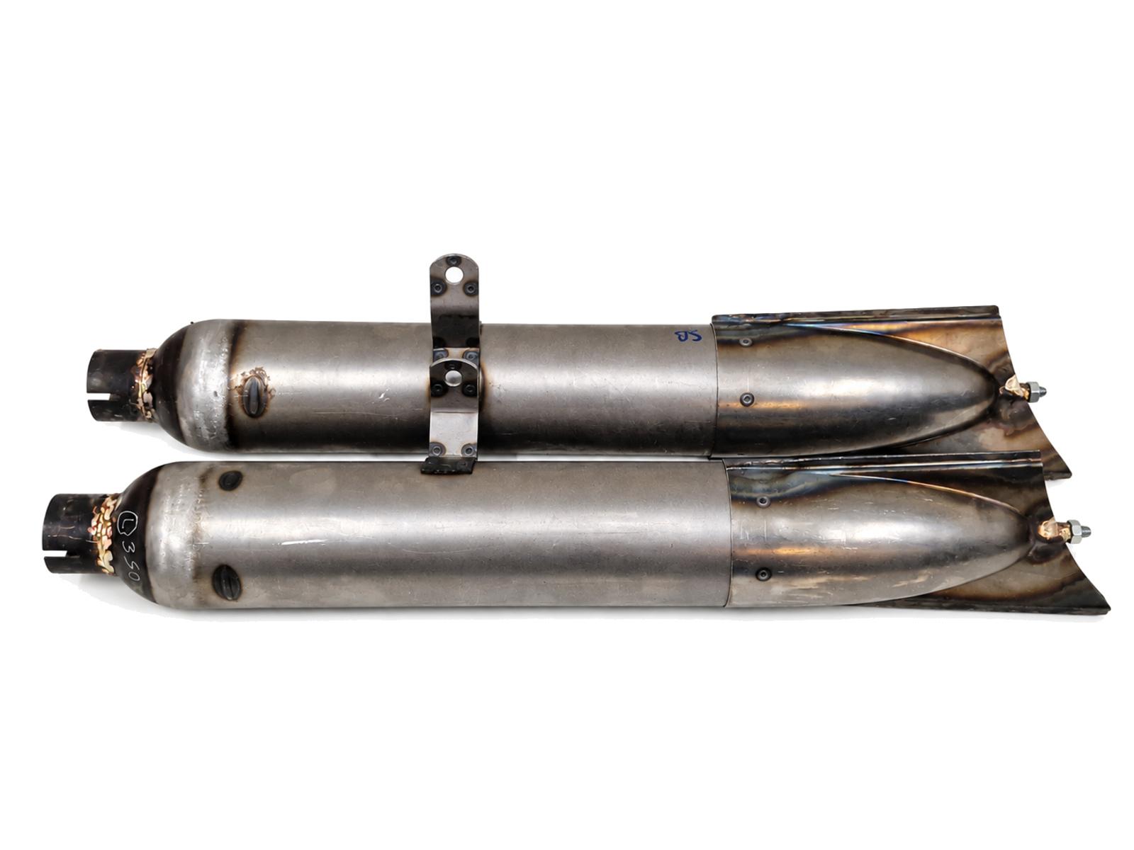 Auspufftöpfe DKW 350 SB – 1 Paar zweiteilige Schalldämpfer mit glatten Fischschwanz-Endstücken, roh