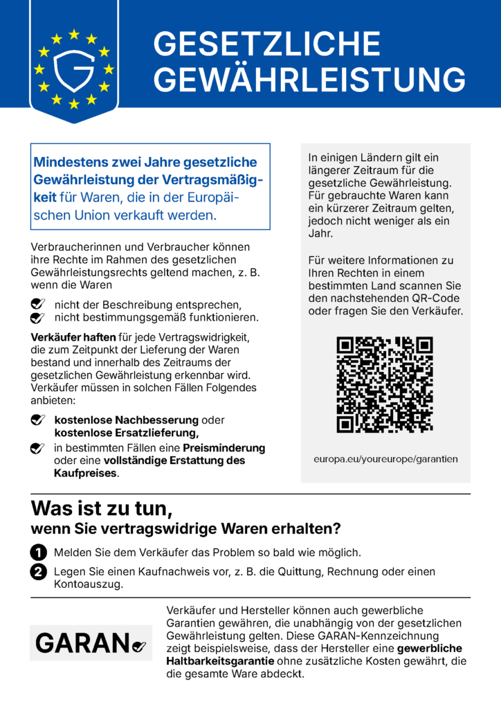 EU-Mitteilung zur gesetzlichen Gewährleistung für Waren: Rechte bei Mängeln und QR-Code mit weiteren Informationen.